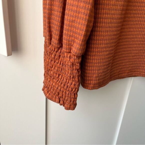Kaileigh Rust Ruffle Sleeve Top Plaid Checkered Orange Ruched Sleeve medium NWOT - Picture 8 of 14